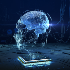 Blue Holographic image of a human brain, in a teched out environment emphasizing the relationship between technology and intelligence